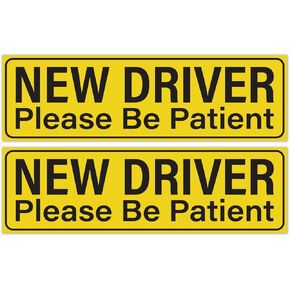 New Driver Please Be Patient Sticker 2pk | Self Adhesive Weatherproof Vinyl New Driver Vehicle Safety Stickers, 10" x 3"
