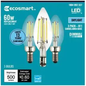 EcoSmart 60-Watt Equivalent B11 Dimmable Energy Star Clear Filament Vintage Style LED Light Bulb Daylight (3-Pack)