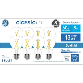 GE Classic A19 Daylight 60-Watt EQ Dimmable LED Light Fixture Light Bulbs (8-Pack)