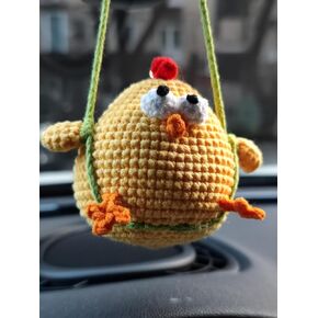 Crochet Chicken Car Accessories for Women Girls Cute Swing Chick Rearview Mirror Hanging Ornament Handmade Chicken Gifts for Crochet Lovers Car Decor Automotive Interior Aesthetic
