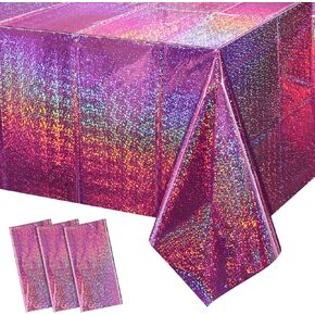 FunnyPars 3 Pack Pink Iridescent Table Cloth for Parties, Pink Plastic Shiny Laser Table Covers, Disposable Holographic Foil Tablecloth Iridescent Party Decorations for Girl Birthday Wedding, 54x108