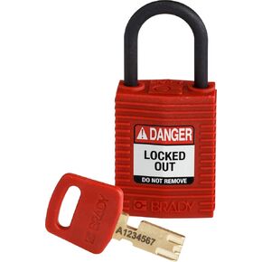 Brady SafeKey Lockout Padlock - Nylon - Red - 1.0" Plastic Shackle Vertical Clearance - Keyed Different