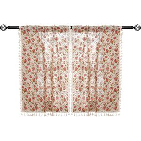 2 Panels Linen Tassels Curtains Farmhouse Red Rose Flower Vintage Semi Sheer Window Curtain for Kitchen Bathroom, 26x36in Tiers Curtain