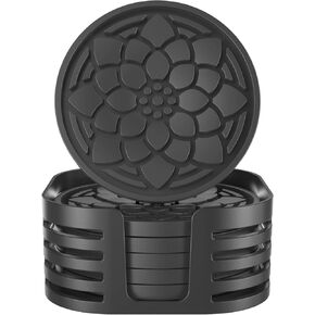 Silicone Coasters Set of 6 with Holder, Silicone Cup Holder Coasters, Cup Mat for Drinks, Cup Coasters for Desk Home Decor Tabletop Protection Non-Slip and Non-Stick, Round Black Coasters