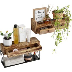 Floating Bathroom Shelves Set of 4, Bathroom Shelf with Towel Bar & Storage Basket & Paper Towel Holder, Rustic Wood Floating Shelves, Wall Shelves for Bathroom,Bedroom,Living Room,Kitchen