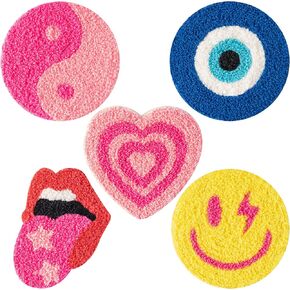 A1diee 5Pcs Preppy Boho Tufted Coasters Smile Evil Eye Lip Love Yin-yang Drink Coasters Pink Yellow Y2K Pastel Rug Cup Mat Pad for Kitchen Desk Home Coffee Table Accessories Birthday Housewarming Gift
