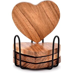 Acacia Wood Heart Shape Coaster Set of 4 with Iron Holder for Coffee Table Décor Housewarming Gift New Home Kitchen Décor