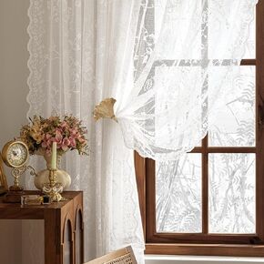 HOMEIDEAS Ivory Vintage Sheer Lace Curtains for Bedroom Elegant Victorian Curtains 96 Inch Length for Living Room Romantic Floral Rod Pocket French Window Drapes, 2 Panels, 52 X 96 Inch