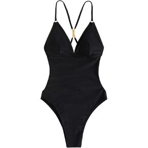 SOLY HUX Women's Sexy Criss Cross Backless One Piece Swimsuit Deep V Neck Bathing Suit Monokini Swimwear