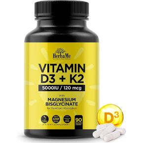 Vitamin D3 5000 IU + K2 with Magnesium Bisglycinate for Max Absorption | 90 Capsules | Immune Support | Promotes Heart, Bone and Muscle Health