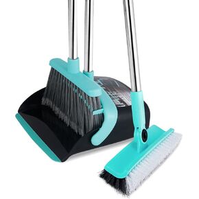 Broom with Dustpan Combo Set, Floor Scrub Brush,Self-Cleaning with Dustpan Teeth,for Indoor Outdoor,Smooth Floors,Bathroom Kitchen (black)