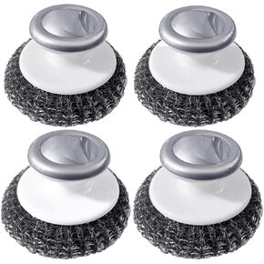 Stainless Steel Wool Scrubber with Handle, Heavy Duty Dish Scrubber, Steel Brush for Cleaning Pots, Pans, Grills, Sink (4 Pack)