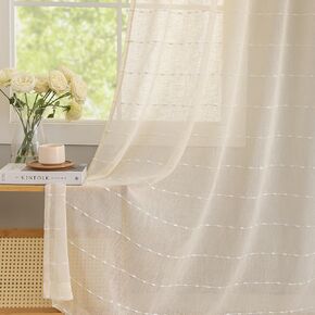 Ivory Sheer Curtains 84 inches Long Boho Farmhouse Linen Blend Curtains with Stripe Pom Pom,Elegant Light Filtering Sheer Ivory Curtains Window Treatment for Living Room & Bedroom