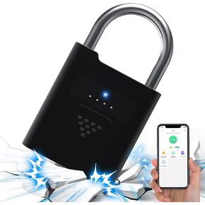Pothunder Padlock with Key, Fingerprint Padlock with APP, Heavy Duty Weatherproof Smart Biometric Bluetooth Keyless Gate locks for Outdoor Fence Locker Truck Garages Warehouses