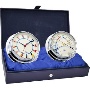 American Voyager Collection, Nautical Cabin Gift Set, 5.75" Diameter Clock and Comfort Meter Instruments, Chrome finish, Ivory Signal Flag dial