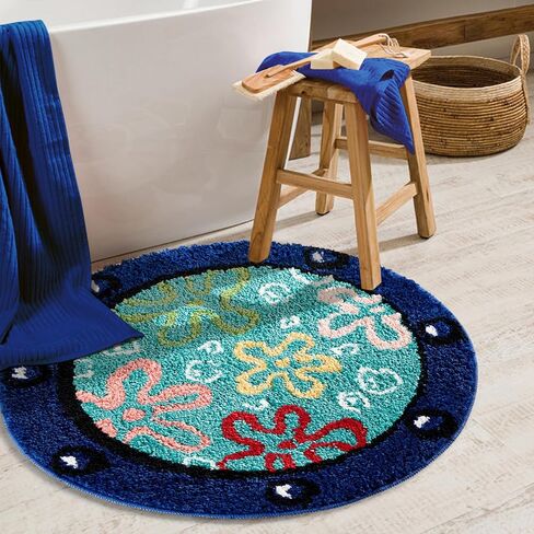 Cartoon Cute Bath Mat for Kids Bathroom Non Slip Washable, Blue Turquoise Beach Coastal Underwater Summer Small Bathroom Rugs 2ft Round Circle Bath Shower Rug Bathroom Decor in Saudi Arabia