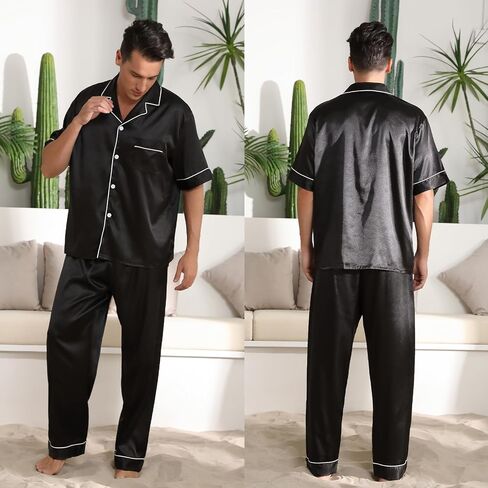 طقم بيجامة من الحرير والساتان بأكمام قصيرة وسروال ملابس نوم بأزرار سفلية للرجال Pj قطعتين in Kuwait