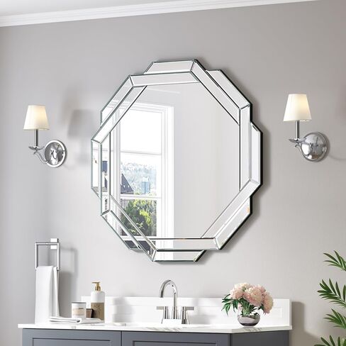 Bathroom Mirror 20"X28" Wall Mirror Decorative, Beveled Edge Frameless Mirror for Wall Octagonal Decorative Mirror Large Accent Mirror for Bathroom, Bedroom, Living Room and Enterway in Saudi Arabia