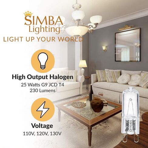 Simba Lighting Halogen Light Bulb G9 T4 25W JCD Bi-Pin (10 Pack) for Chandeliers, Pendants, Cabinet Lights, Landscape Lights, Desk and Floor Lamps, Wall Sconces, 120V Dimmable, 2700K Warm White in Saudi Arabia