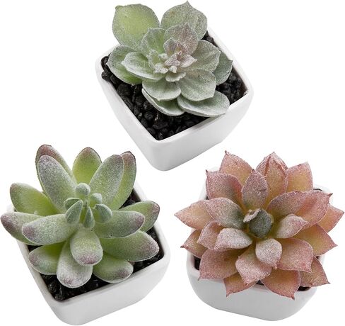 MyGift Artificial Assorted Mini Succulents Plants in Modern White Cube Shaped Ceramic Planter Pots, Set of 3 / Small Potted Colorful Faux Succulent Plants in Saudi Arabia