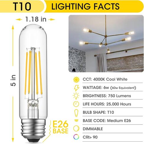 Dimmable E26 Edison Bulb, AC120V Warm White 2700K Light Bulbs, 6W, Equivalent 60W, 750LM, 5 Inch Long Tubular T10 LED Bulbs for Rustic Pendant, Chandeliers, Wall Sconces, Vanity, Pack of 6 in Saudi Arabia