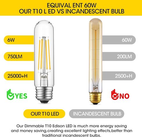 Dimmable E26 Edison Bulb, AC120V Warm White 2700K Light Bulbs, 6W, Equivalent 60W, 750LM, 5 Inch Long Tubular T10 LED Bulbs for Rustic Pendant, Chandeliers, Wall Sconces, Vanity, Pack of 6 in Saudi Arabia