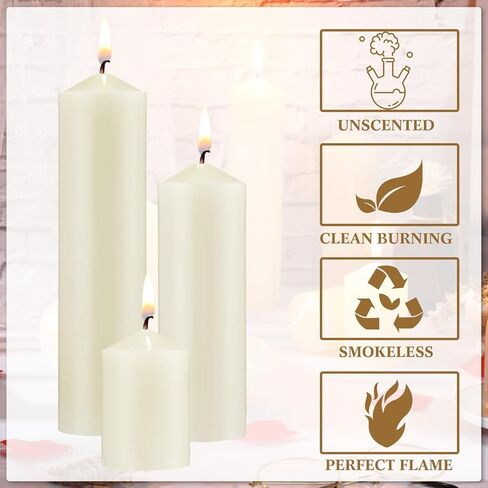 MTLEE Set of 72 Ivory Pillar Candles 2 x 3, 2 x 6, 2 x 8 Inch Smokeless and Dripless Unscented Large Candles Pillar Long Clean Burning Rustic Pillar Candles Set for Wedding Dinner and Home Decor in Saudi Arabia