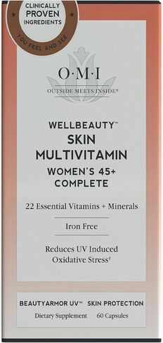 فيتامينات متعددة للبشرة من OMI Wellbeauty للنساء بعمر 45+ للشعر والأظافر والبشرة ودعم القلب والمناعة مع أكثر من 20 مادة مغذية + تركيبة حماية من الأشعة فوق البنفسجية، تغذية يومية متقدمة، لطيفة على المعدة، 60 قطعة in Saudi Arabia