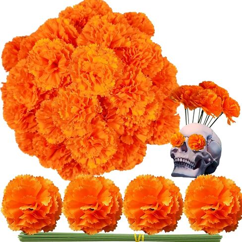 Marigold Flower Heads Bulk 50Pcs, Silk Marigold Artificial Flowers for Diwali Home Decor DIY Wreath Garland Craft Baby Shower Wedding Party Decoration Halloween Christmas New Year Decor(Black) in Saudi Arabia