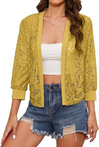 Tanou Women's 2024 Summer Floral Lace Shrug Cardigans Lightweight 3/4 Sleeves Ribbed Crochet Bolero Jackets Sweater Tops in Saudi Arabia
