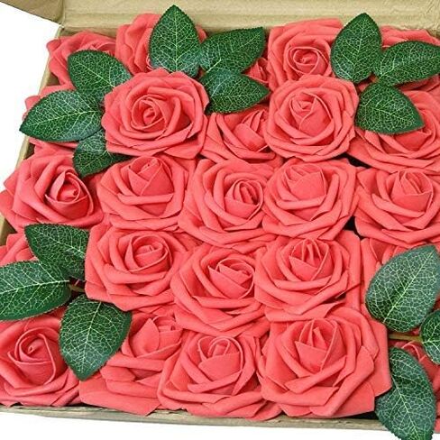Artificial Flowers 50PCS Real Looking Coral Fake Roses with Stem for DIY Wedding Bouquets Centerpieces Party Baby Shower Home Decorations (Coral) in Saudi Arabia
