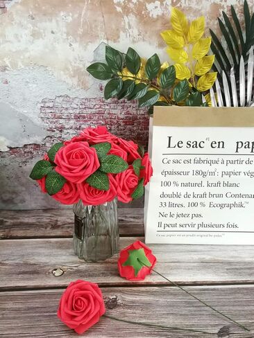 Artificial Flowers 50PCS Real Looking Coral Fake Roses with Stem for DIY Wedding Bouquets Centerpieces Party Baby Shower Home Decorations (Coral) in Saudi Arabia