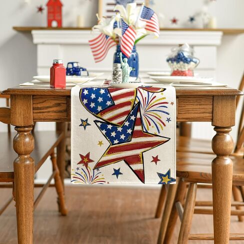 Artoid Mode American Flag Stars Fireworks Patriotic 4th of July Table Runner, Seasonal Kitchen Dining Table Decoration for Home Party Decor 13x72 Inch in Saudi Arabia