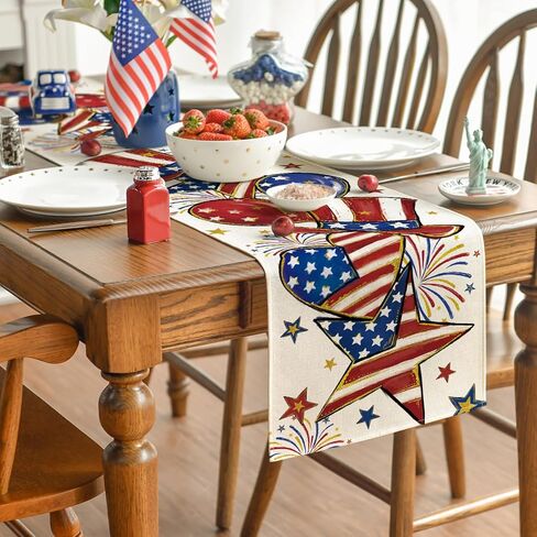 Artoid Mode American Flag Stars Fireworks Patriotic 4th of July Table Runner, Seasonal Kitchen Dining Table Decoration for Home Party Decor 13x72 Inch in Saudi Arabia