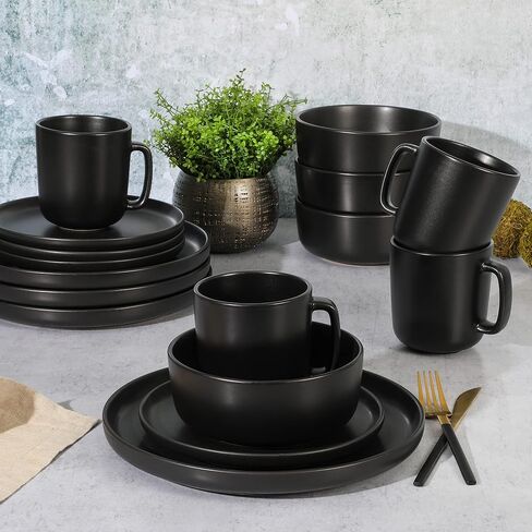 Gibson Home Zuma Stoneware Plates, Bowls, & Mugs Dinnerware Set - Matte Black, Service for Four (16pcs) in Saudi Arabia