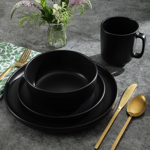 Gibson Home Zuma Stoneware Plates, Bowls, & Mugs Dinnerware Set - Matte Black, Service for Four (16pcs) in Saudi Arabia