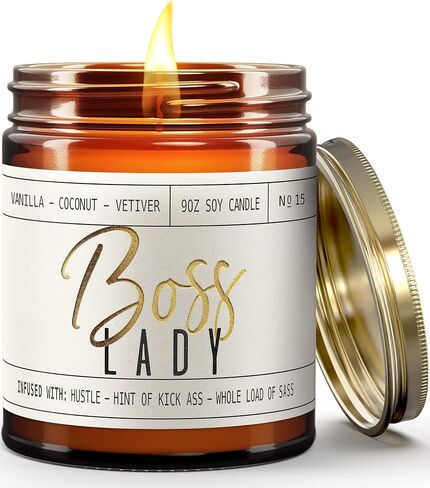 Boss Lady Gifts for Women - 'Boss Lady' Soy Candle, w/Vanilla, White Coconut & Vetiver I Best Boss Gifts for Women I Gifts for Boss I Girl Boss Female Gifts I 9oz Jar, 50Hr Burn Time, Made in USA in Kuwait