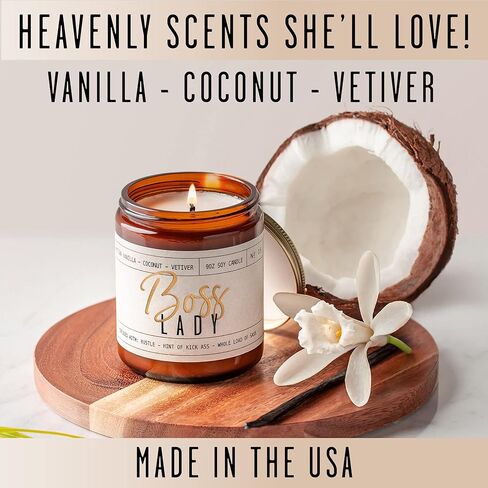 Boss Lady Gifts for Women - 'Boss Lady' Soy Candle, w/Vanilla, White Coconut & Vetiver I Best Boss Gifts for Women I Gifts for Boss I Girl Boss Female Gifts I 9oz Jar, 50Hr Burn Time, Made in USA in Kuwait