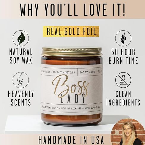 Boss Lady Gifts for Women - 'Boss Lady' Soy Candle, w/Vanilla, White Coconut & Vetiver I Best Boss Gifts for Women I Gifts for Boss I Girl Boss Female Gifts I 9oz Jar, 50Hr Burn Time, Made in USA in Kuwait