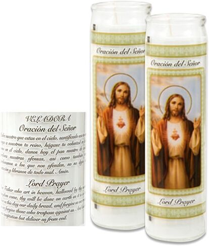 Catholic Prayer Candles - Set Of 2 Religious Candles - Real Wax (White Poured, Unscented) Candles - Extra Long Burn Time - Prayer Printed On Each Candle - Church Vigil Devotional [BUNDLE, 2 Pcs.] in Saudi Arabia