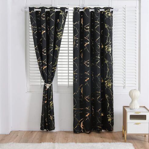 Aimuan Black Blackout Curtains Gold Foil Printed Marble Grommet Curtain Panels Golden Metallic Glitter Drapery Window Drapes Valances for Bedroom Living Room, Black 42x84 in Saudi Arabia