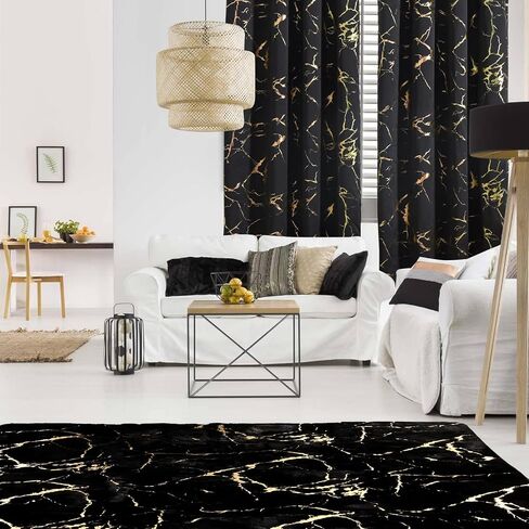 Aimuan Black Blackout Curtains Gold Foil Printed Marble Grommet Curtain Panels Golden Metallic Glitter Drapery Window Drapes Valances for Bedroom Living Room, Black 42x84 in Saudi Arabia