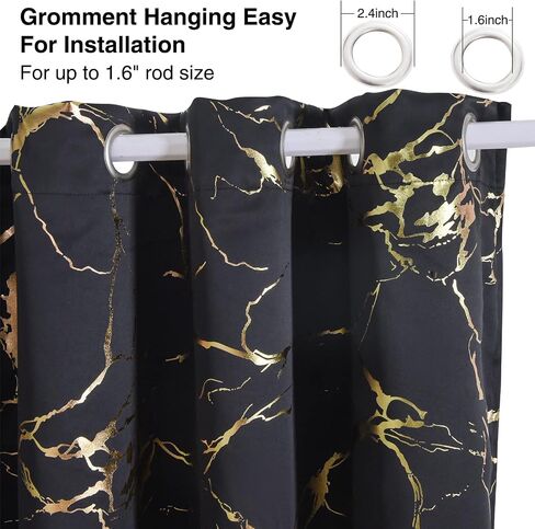 Aimuan Black Blackout Curtains Gold Foil Printed Marble Grommet Curtain Panels Golden Metallic Glitter Drapery Window Drapes Valances for Bedroom Living Room, Black 42x84 in Saudi Arabia