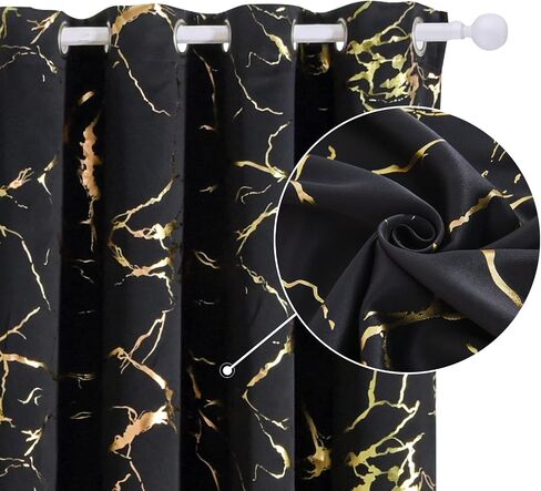 Aimuan Black Blackout Curtains Gold Foil Printed Marble Grommet Curtain Panels Golden Metallic Glitter Drapery Window Drapes Valances for Bedroom Living Room, Black 42x84 in Saudi Arabia