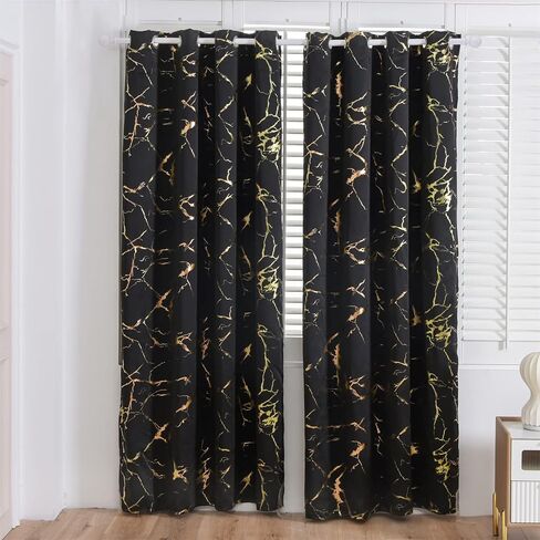 Aimuan Black Blackout Curtains Gold Foil Printed Marble Grommet Curtain Panels Golden Metallic Glitter Drapery Window Drapes Valances for Bedroom Living Room, Black 42x84 in Saudi Arabia