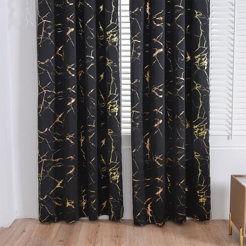 Aimuan Black Blackout Curtains Gold Foil Printed Marble Grommet Curtain Panels Golden Metallic Glitter Drapery Window Drapes Valances for Bedroom Living Room, Black 42x84 in Saudi Arabia