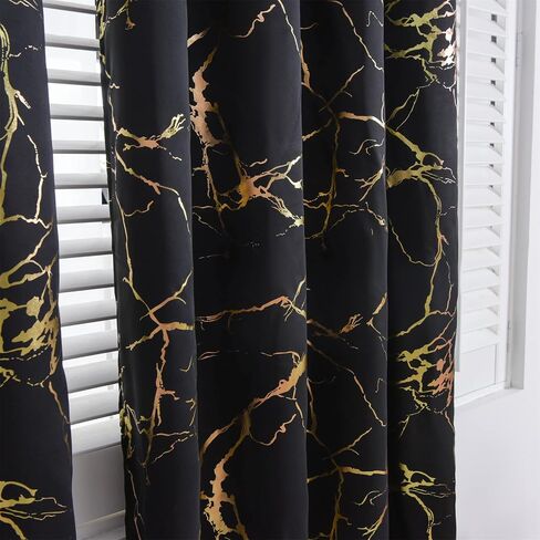 Aimuan Black Blackout Curtains Gold Foil Printed Marble Grommet Curtain Panels Golden Metallic Glitter Drapery Window Drapes Valances for Bedroom Living Room, Black 42x84 in Saudi Arabia