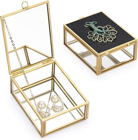 Hipwie Vintage Glass Jewelry Box with Black Lid, Mirrored Jewelry Display Case Small Trinket Organizer Golden Lidded Box Keepsake Box Decorative Glass Box for Ring Earrings Chest (Tree of Life) in Saudi Arabia