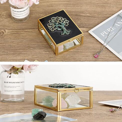Hipwie Vintage Glass Jewelry Box with Black Lid, Mirrored Jewelry Display Case Small Trinket Organizer Golden Lidded Box Keepsake Box Decorative Glass Box for Ring Earrings Chest (Tree of Life) in Saudi Arabia