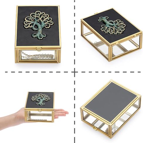 Hipwie Vintage Glass Jewelry Box with Black Lid, Mirrored Jewelry Display Case Small Trinket Organizer Golden Lidded Box Keepsake Box Decorative Glass Box for Ring Earrings Chest (Tree of Life) in Saudi Arabia